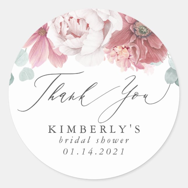 Sticker Rond Merci floral couleur Dusty Rose (Devant)