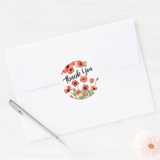 Sticker Rond Merci floral de pavot (Enveloppe)