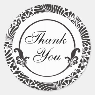 Sticker Rond Merci floral noir et blanc
