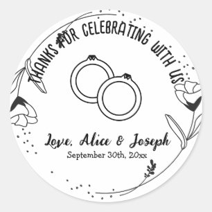 Sticker Rond Merci Floral Noir Personnalisé Mariage Faveur