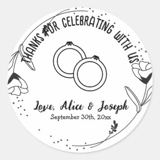 Sticker Rond Merci Floral Noir Personnalisé Mariage Faveur