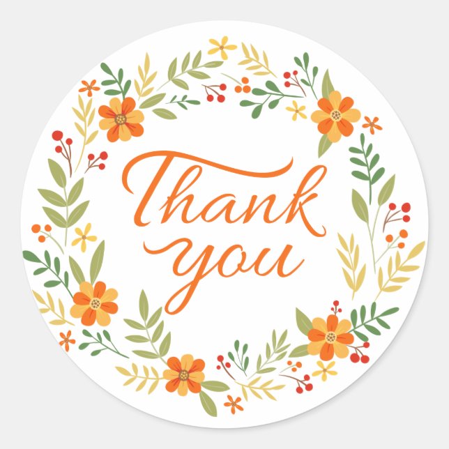 Sticker Rond Merci Floral Orange Et Fleurs Vertes (Devant)