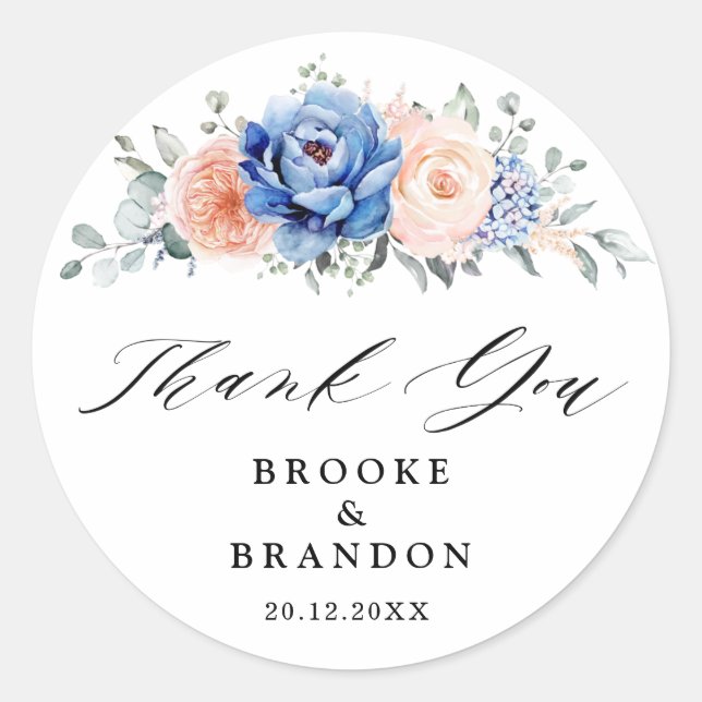 Sticker Rond Merci floral rose pâle bleu marine (Devant)