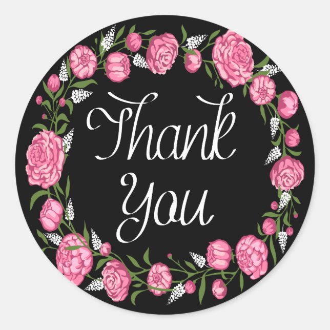 Sticker Rond Merci floral rose pivoine noire Mariage (Devant)