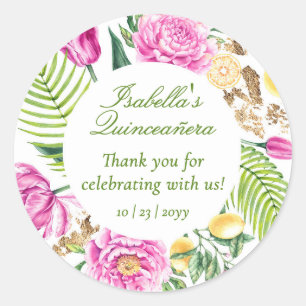 Sticker Rond Merci Floral Roses Pêches Quinceañera