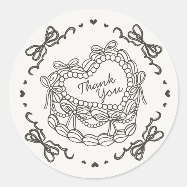 Sticker Rond Merci Gâteau Coquette Rétro Cœur Arc Beige (Devant)