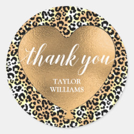 Sticker Rond Merci Gold Heart Balloon Leopard