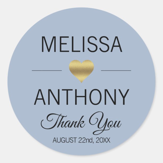 Sticker Rond Merci Gold Heart Dusty Blue Mariage Seals (Devant)