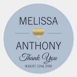 Sticker Rond Merci Gold Heart Dusty Blue Mariage Seals