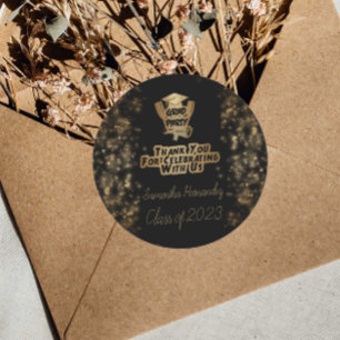 Sticker Rond Merci Gold Parties scintillant et Black Graduation