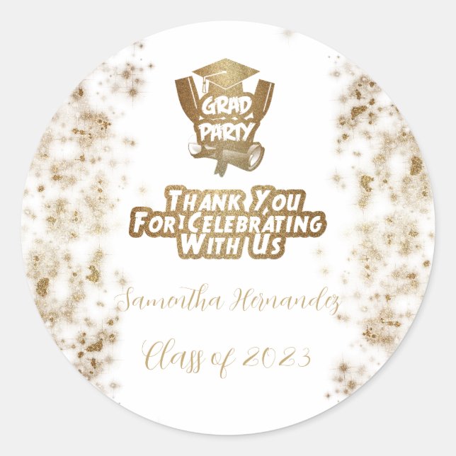 Sticker Rond Merci Gold Parties scintillant & White Graduation  (Devant)