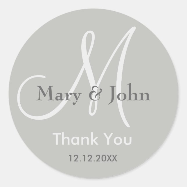 Sticker Rond Merci gris argenté Mariage monogramme sceau (Devant)