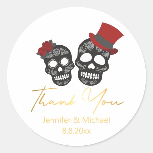 Sticker Rond merci halloween squelettes or mariage (Devant)