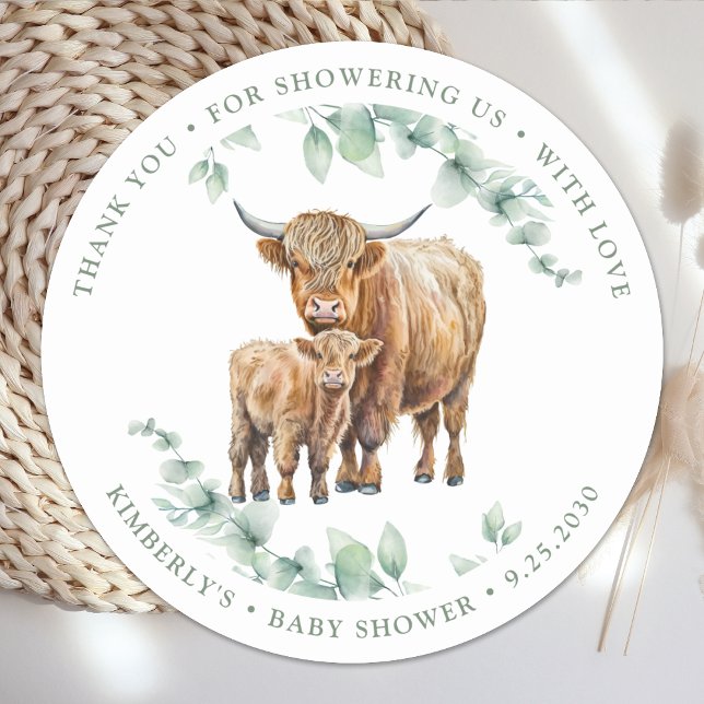 Sticker Rond Merci Highland Cow Boho Baby shower vert (Créateur téléchargé)