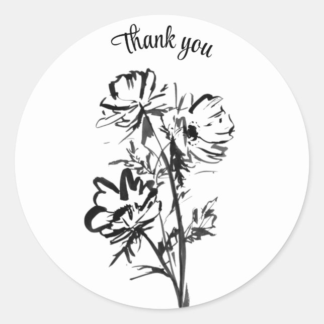 Sticker Rond Merci ligne d'encre noire dessin fleurs feuillage (Devant)