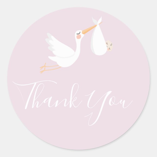 Sticker Rond Merci Livraison spéciale cigogne et bébé rose (Devant)
