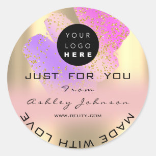 Sticker Rond Merci Logo Holographe Made Rose Stroke Gold