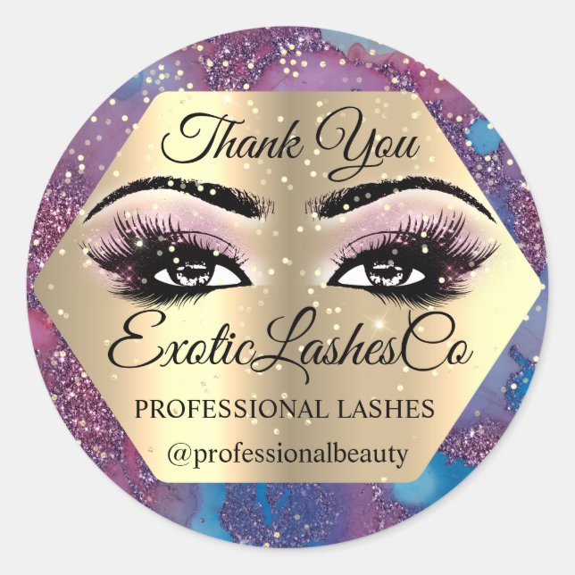 Sticker Rond Merci maquillage yeux bleu marbre rose (Devant)