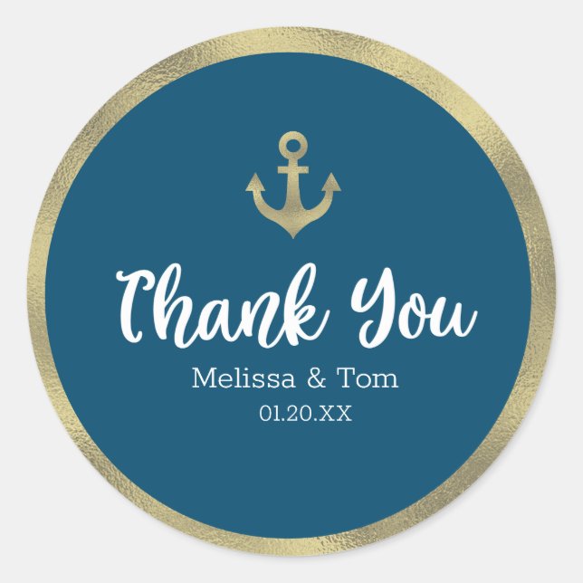 Sticker Rond Merci Mariage Ancre Nautique Blue Faux (Devant)