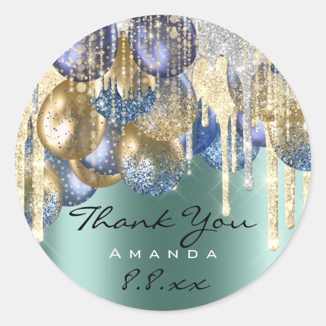 Sticker Rond Merci Mariage Birthday Ballon Turquoise Drips Gold (Devant)