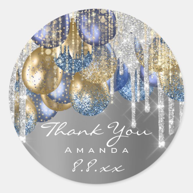 Sticker Rond Merci Mariage Birthday Ballons Blue Silver Drivers (Devant)