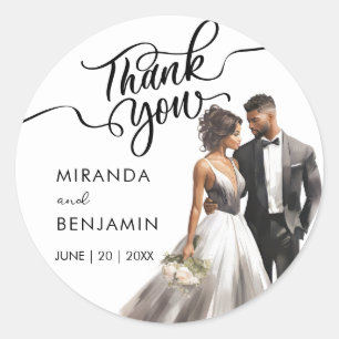 Sticker Rond Merci Mariage Black Bride Groom Aquarelle
