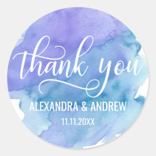 Sticker Rond Merci Mariage bleu Aquarelle