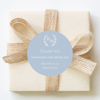 Sticker Rond Merci mariage bleu poussiéreux monogrammé