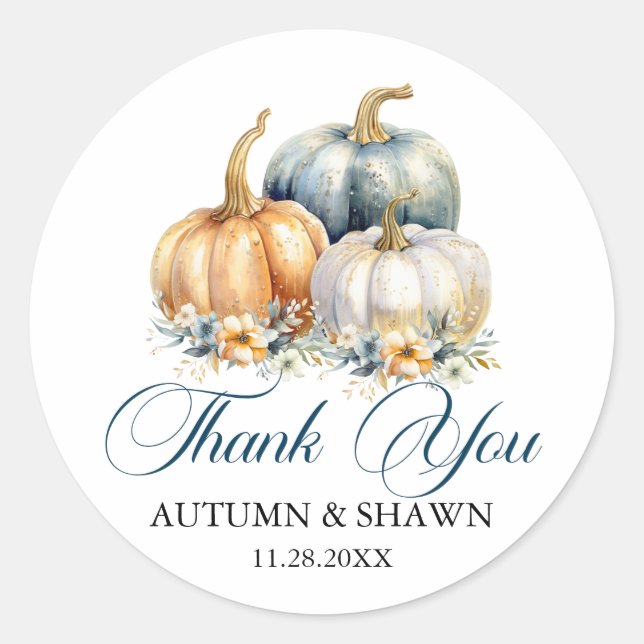 Sticker Rond Merci Mariage Blue Orange Gold Citrouilles (Devant)