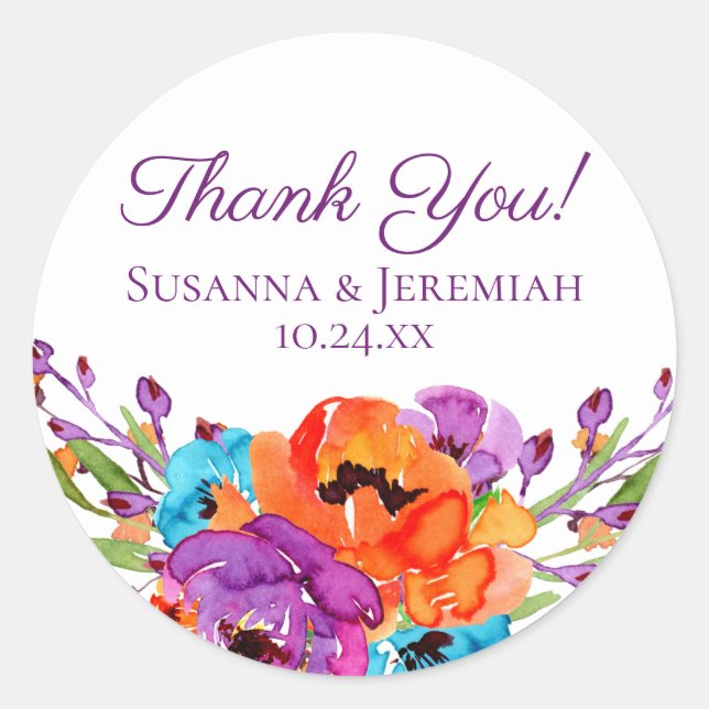 Sticker Rond Merci Mariage d'aquarelle violet orange (Devant)