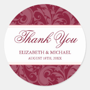 Sticker Rond Merci Mariage de Bourgogne bleu rose Damask