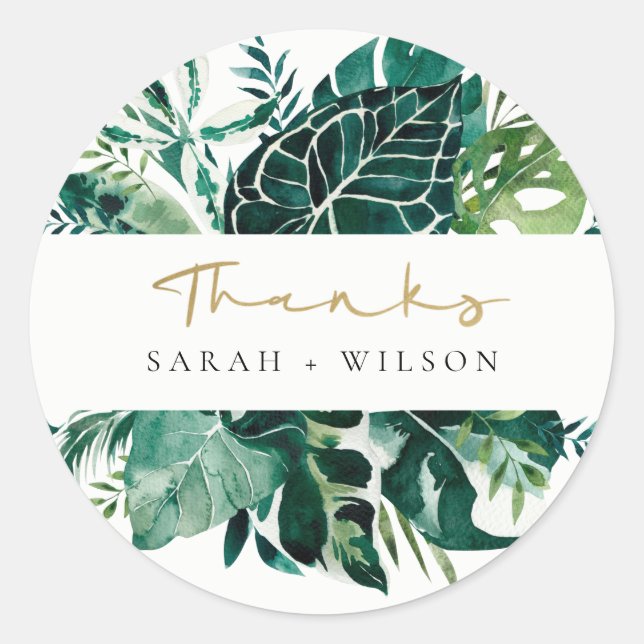 Sticker Rond Merci Mariage de feuillage vert de Monstera Tropic (Devant)