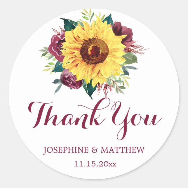 Sticker Rond Merci Mariage de fleurs de tournesol d'aquarelle (Devant)