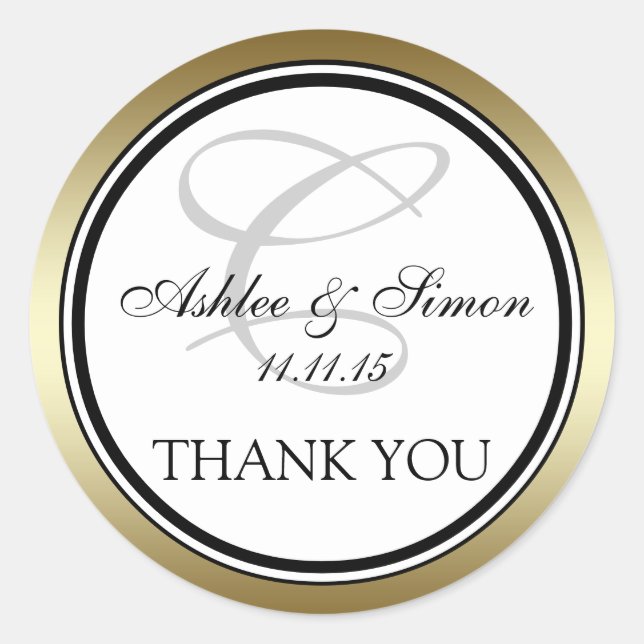 Sticker Rond Merci Mariage de Monogramme C noir or (Devant)