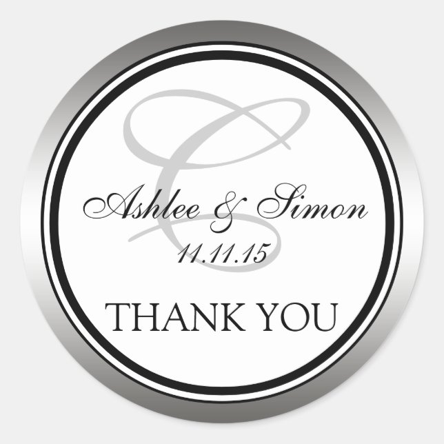 Sticker Rond Merci Mariage de Monogramme noir argent (Devant)