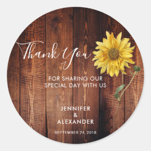 Sticker Rond Merci Mariage de tournesol en bois rustique