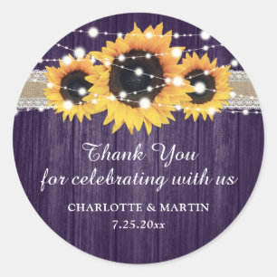 Sticker Rond Merci Mariage de tournesol en bois violet rustique