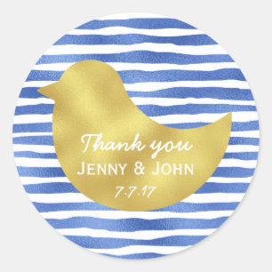 Sticker Rond Merci Mariage doré à bandes bleues personnalisées