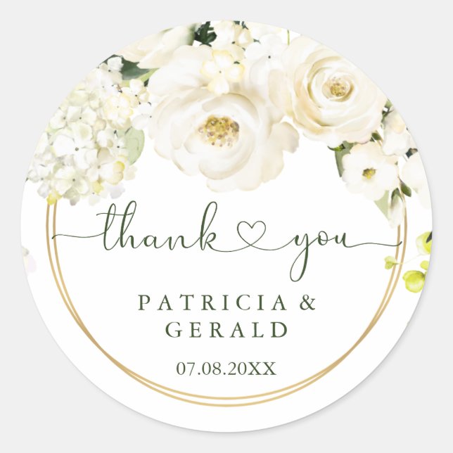 Sticker Rond Merci Mariage du coeur des Roses blanches (Devant)