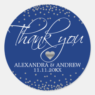 Sticker Rond Merci Mariage en argent bleu marine