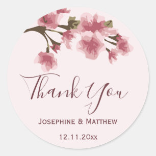 Sticker Rond Merci Mariage en fleurs de cerisier rose