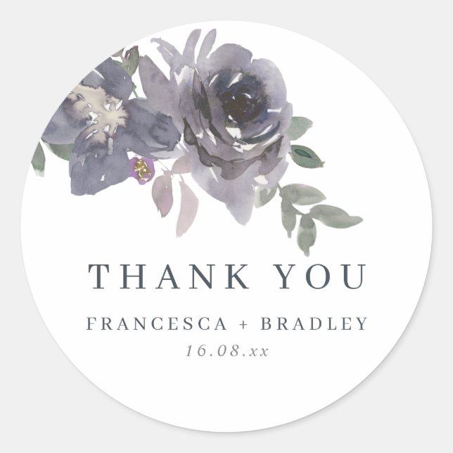 Sticker Rond Merci Mariage Fleurs bleues Smokey (Devant)