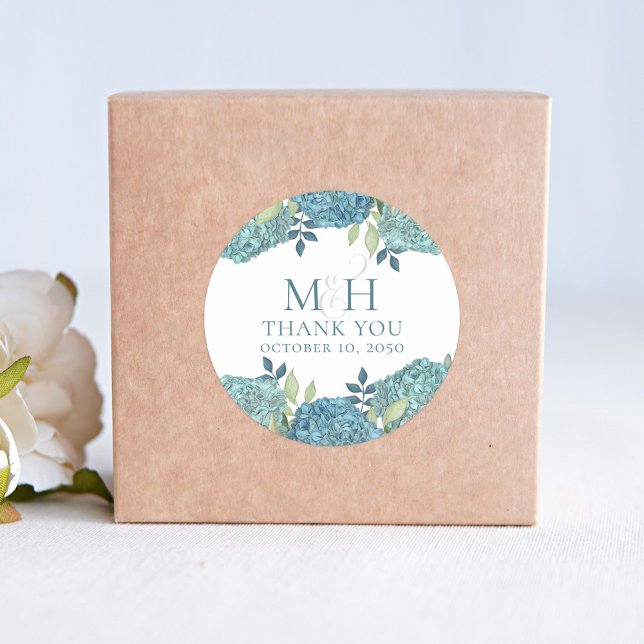 Sticker Rond Merci Mariage Floral bleu personnalisé (Blue hydrangea wedding favor custom sticker)