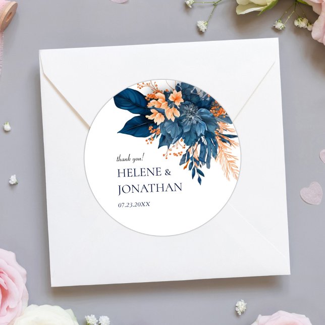 Sticker Rond Merci Mariage floral de l'Indigo (Indigo Floral Wedding Thank You Classic Round Sticker)