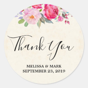 Sticker Rond Merci Mariage frontalier rose rose et pivoine