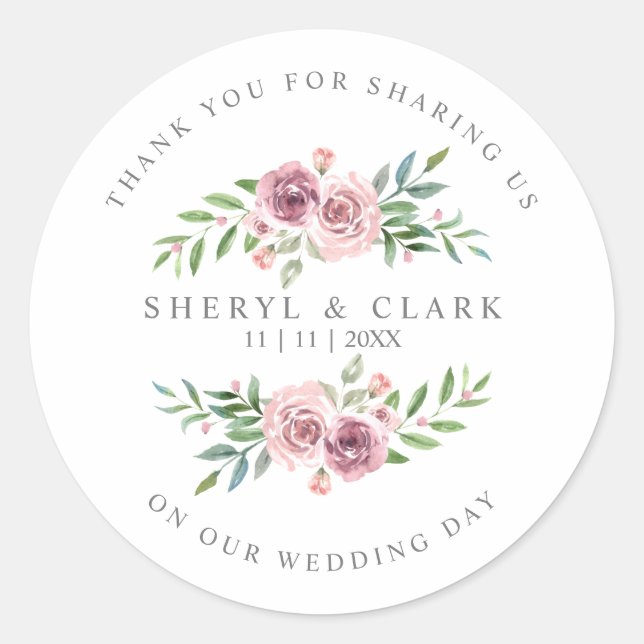 Sticker Rond Merci mariage invités sur Garland rose (Devant)