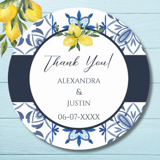 Sticker Rond Merci Mariage méditerranéen au citron bleu italien
