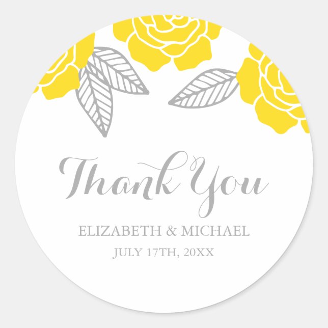 Sticker Rond Merci Mariage moderne Jaune et Gris Rose (Devant)