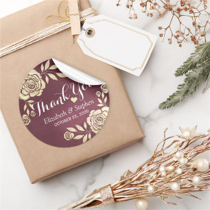 Sticker Rond Merci mariage moderne Rose doré Bourgogne rouge