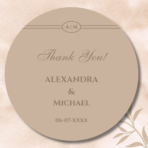 Sticker Rond Merci Mariage moderne Taupe Monogram